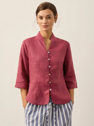 LINTICO Amelia linen fitted jacket with hand buttons in Anchora Red, lightweight outerwear for stylish casual wear.