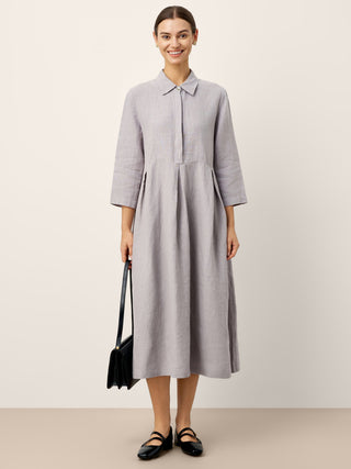 100% Linen Inverted Pleat Curved Seam Maxi Dress VALERIE