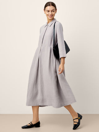100% Linen Inverted Pleat Curved Seam Maxi Dress VALERIE