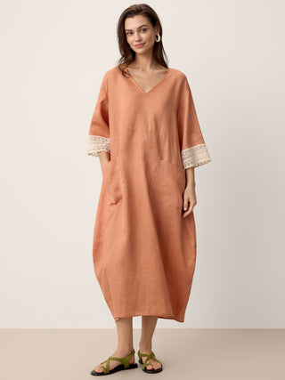 100% Linen Lace-Cuff Cocoon Maxi Dress PETRA - Glamourous Grace