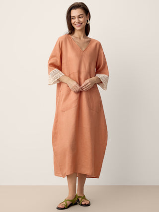 100% Linen Lace-Cuff Cocoon Maxi Dress PETRA - Glamourous Grace