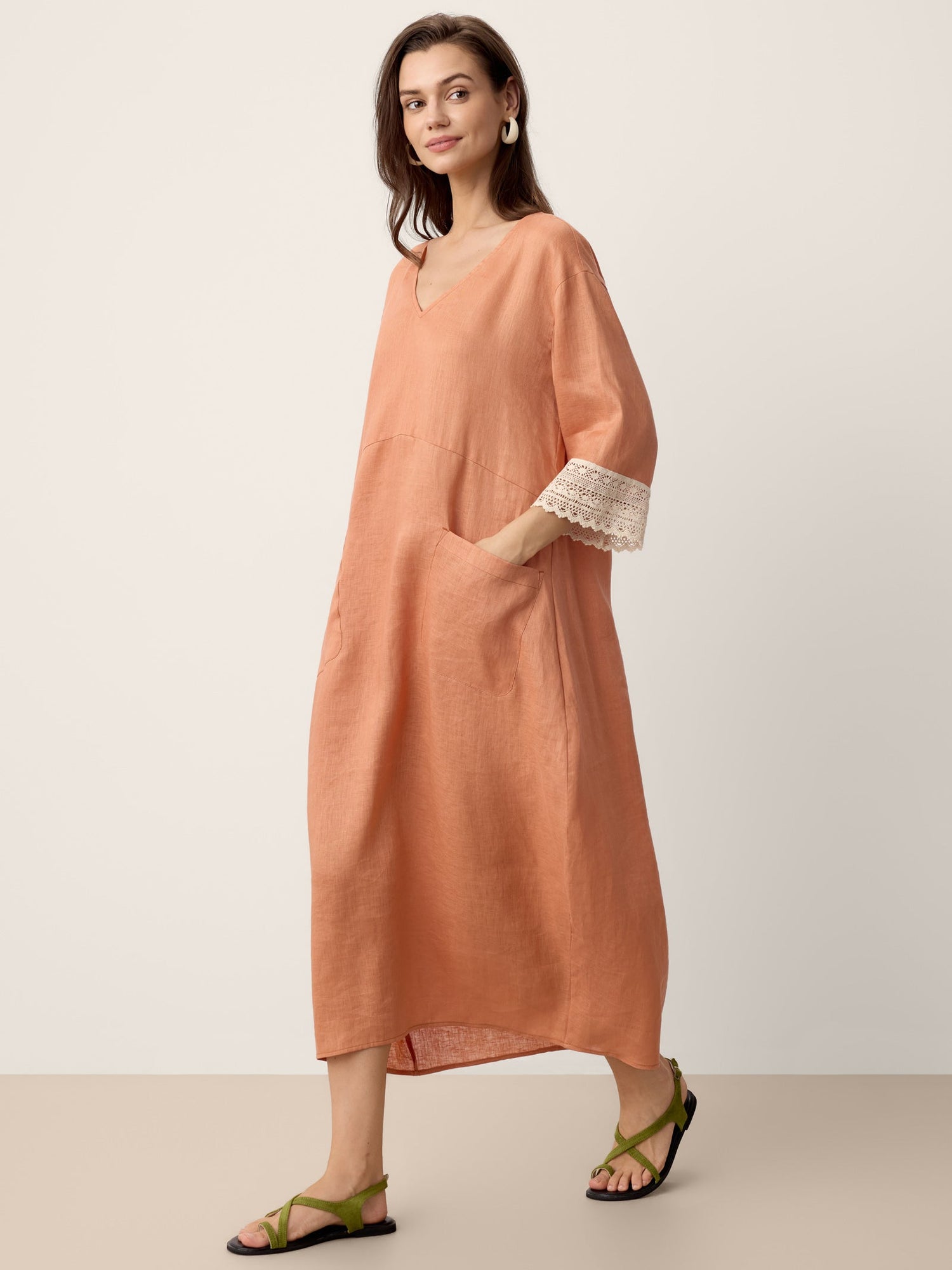 100% Linen Lace-Cuff Cocoon Maxi Dress PETRA - Glamourous Grace