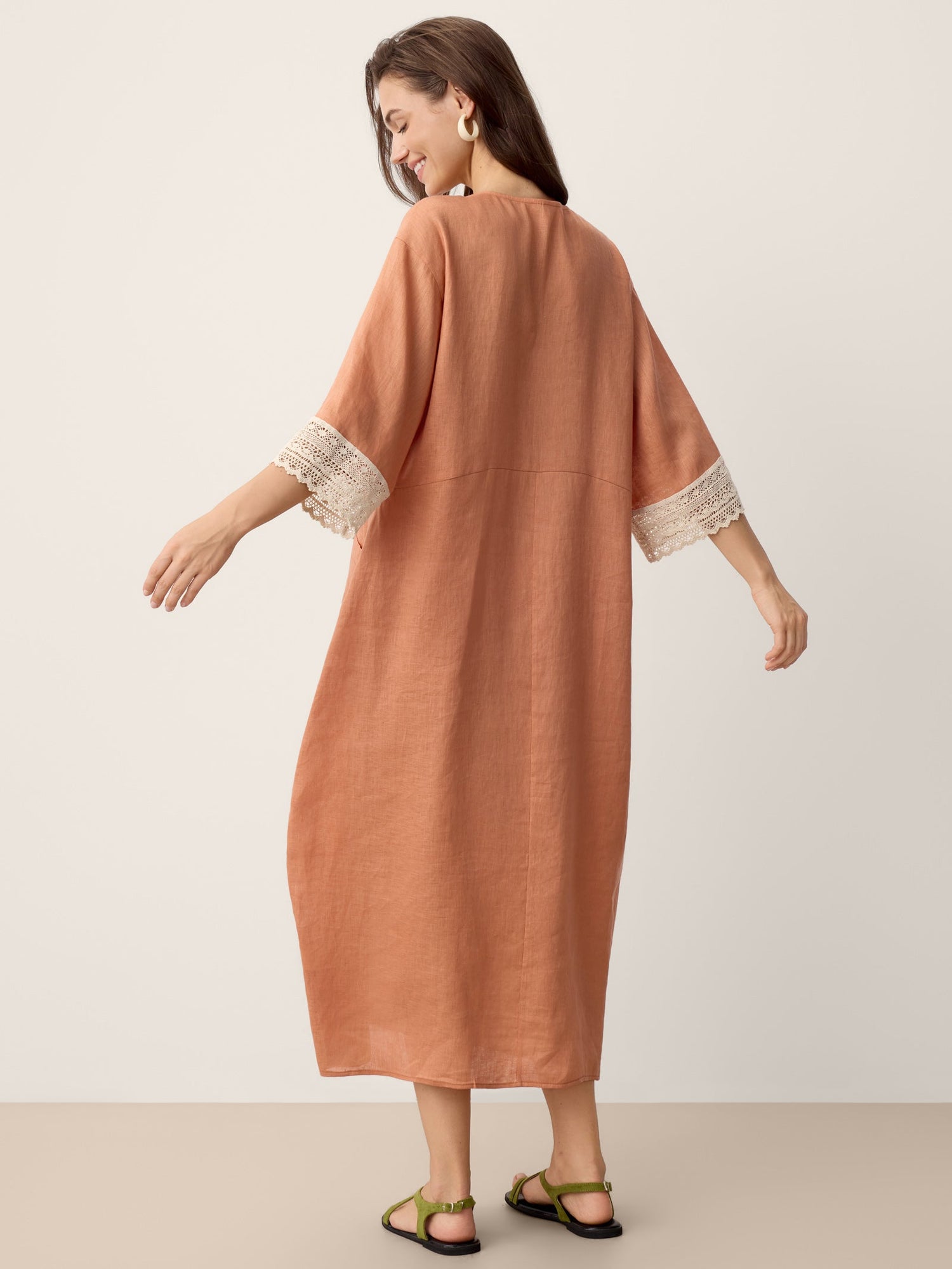 100% Linen Lace-Cuff Cocoon Maxi Dress PETRA - Glamourous Grace