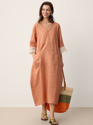100% Linen Lace-Cuff Cocoon Maxi Dress PETRA - Glamourous Grace