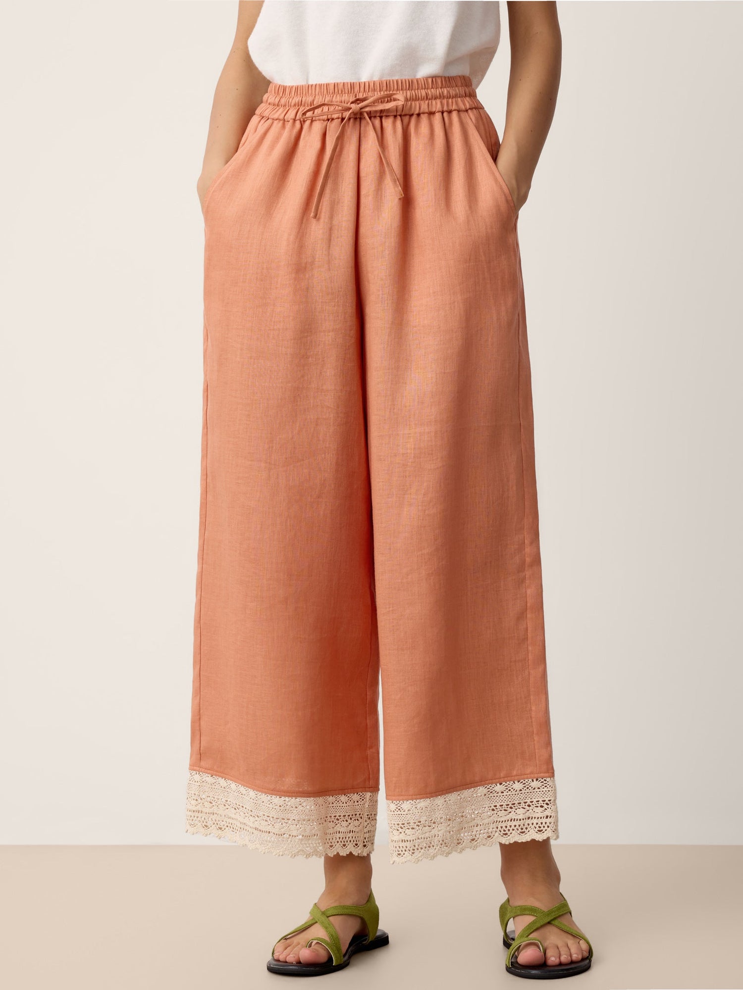 100% Linen Lace-Hem Wide-Leg Pants DARBY - Glamourous Grace