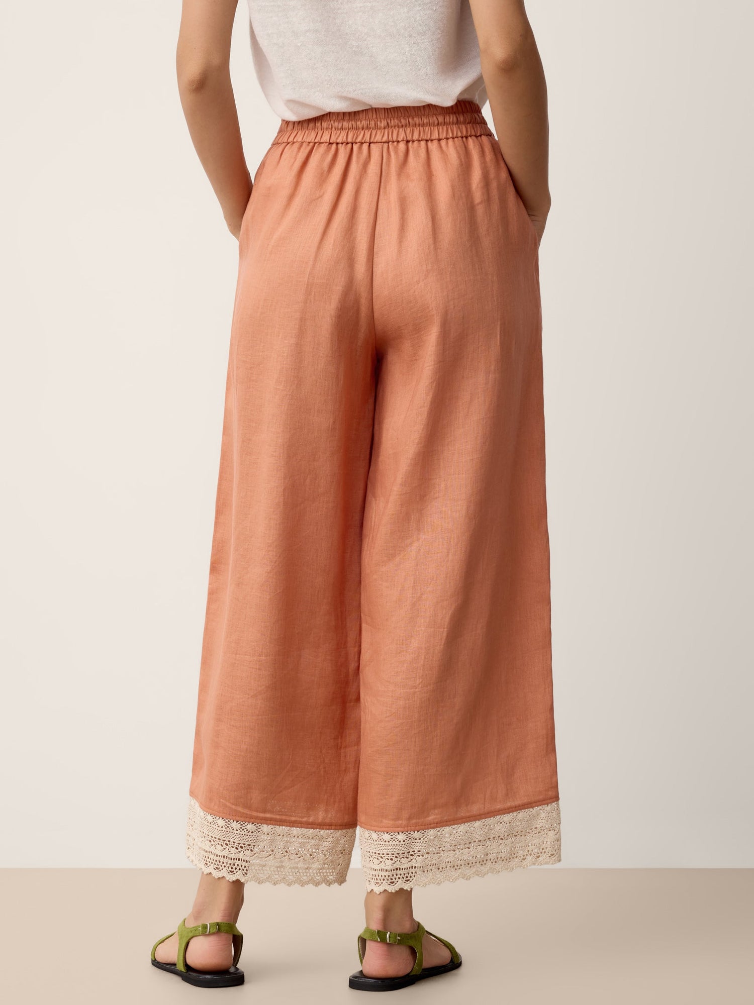 100% Linen Lace-Hem Wide-Leg Pants DARBY - Glamourous Grace