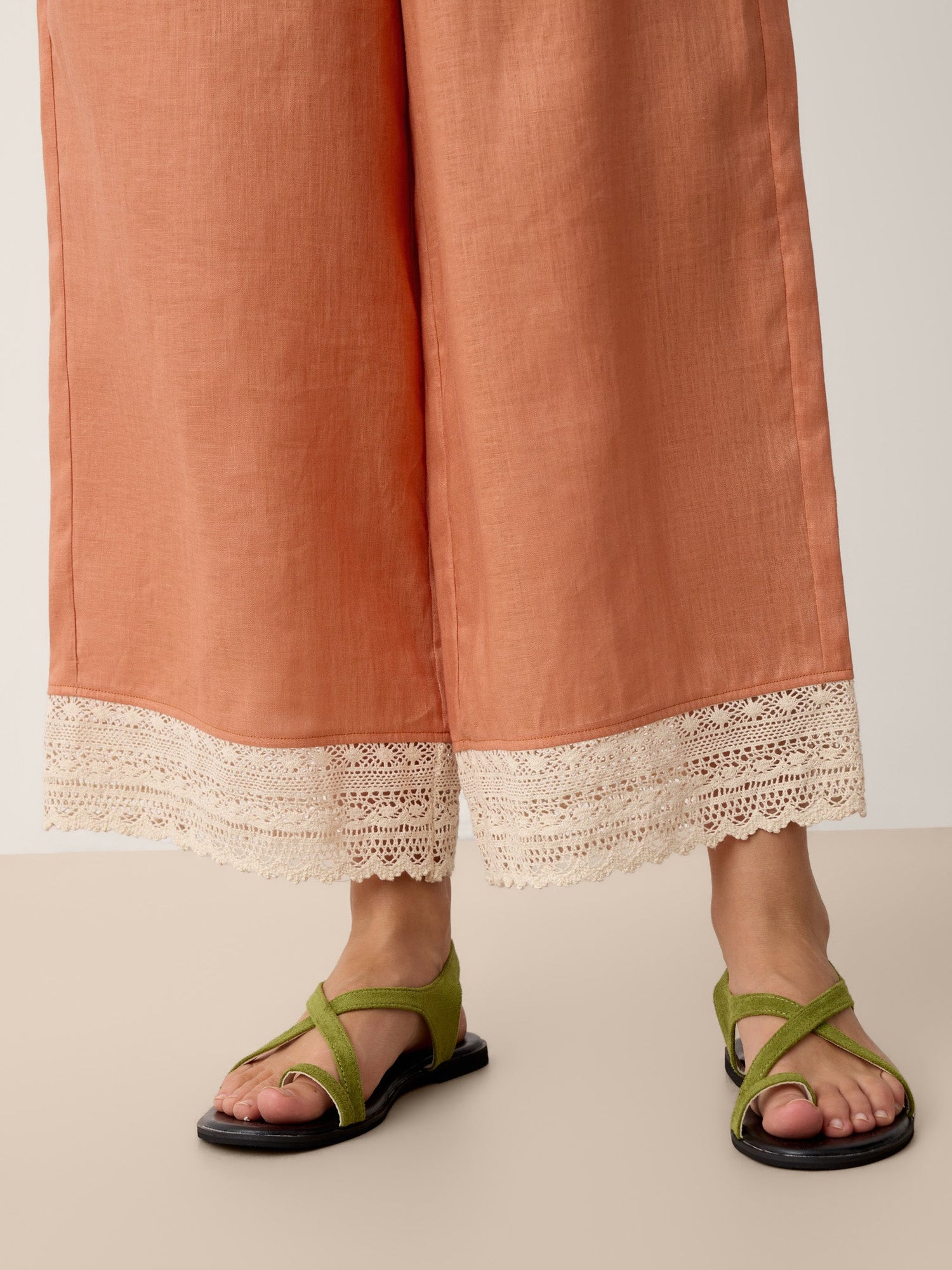 100% Linen Lace-Hem Wide-Leg Pants DARBY - Glamourous Grace