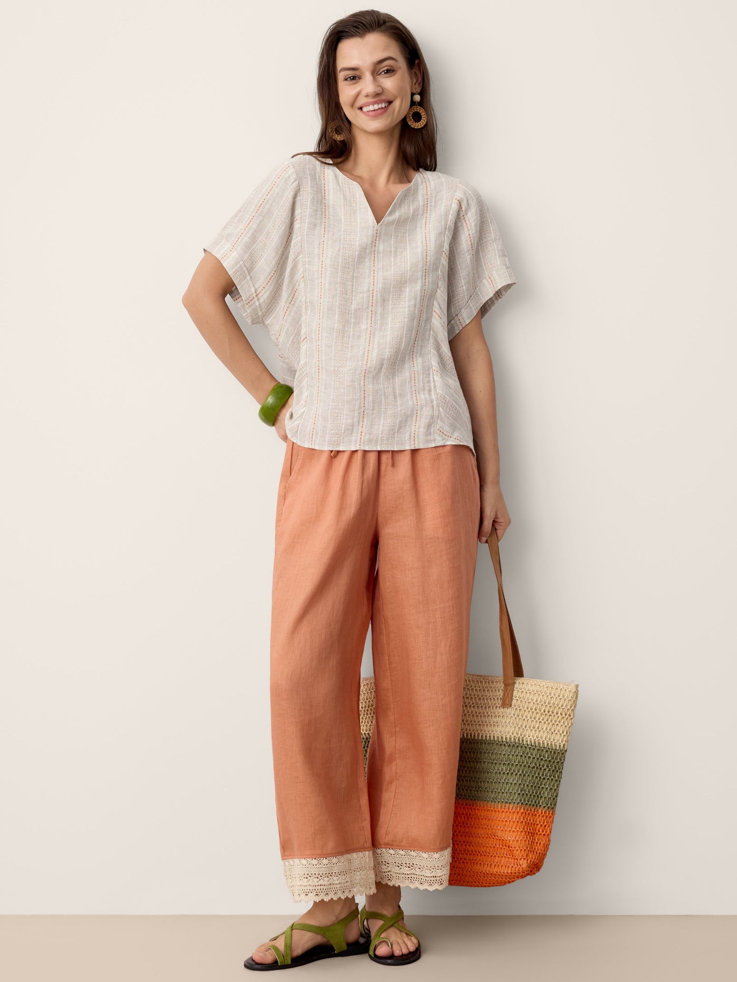 100% Linen Lace-Hem Wide-Leg Pants DARBY - Glamourous Grace