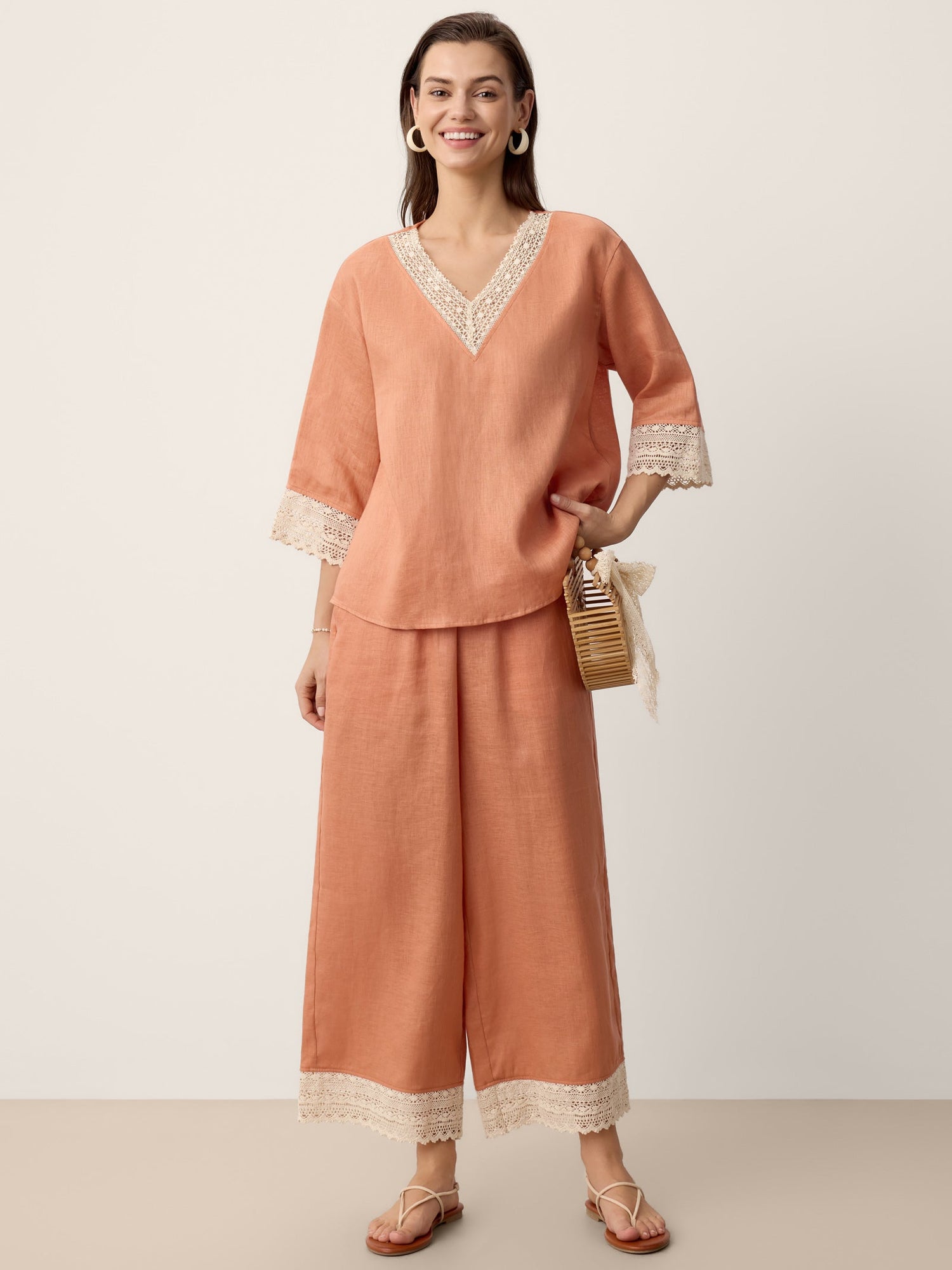 100% Linen Lace-Hem Wide-Leg Pants DARBY - Glamourous Grace