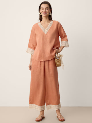 100% Linen Lace-Hem Wide-Leg Pants DARBY - Glamourous Grace