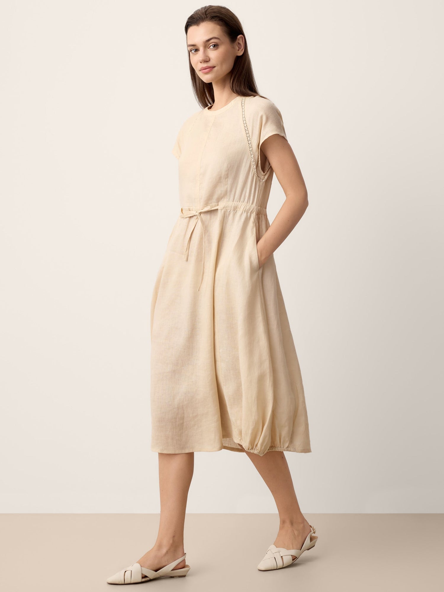 100% Linen Lace-Inset Bubble-Hem Midi Dress LORITA - Glamourous Grace