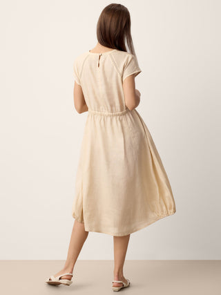100% Linen Lace-Inset Bubble-Hem Midi Dress LORITA - Glamourous Grace