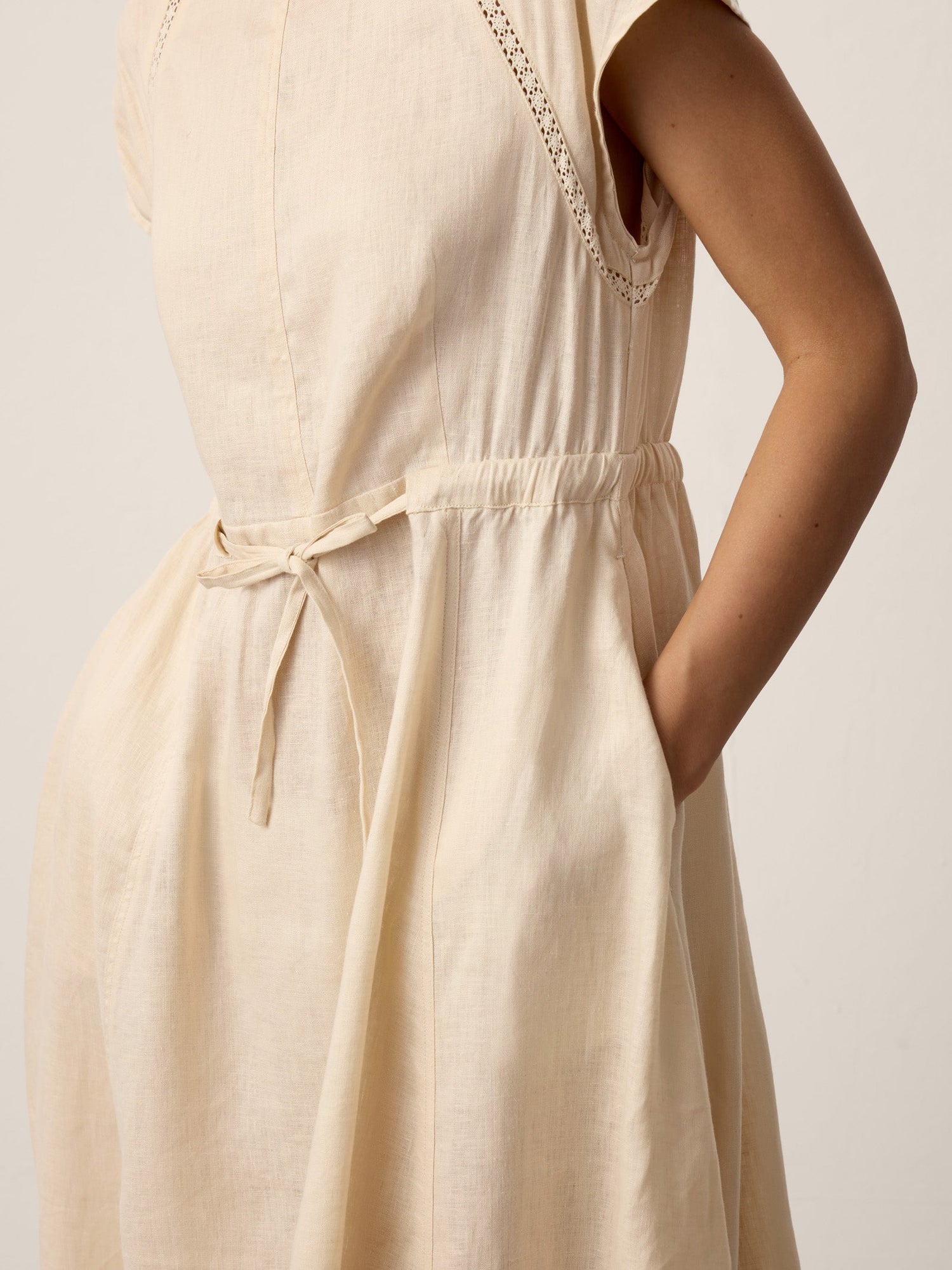 100% Linen Lace-Inset Bubble-Hem Midi Dress LORITA - Glamourous Grace