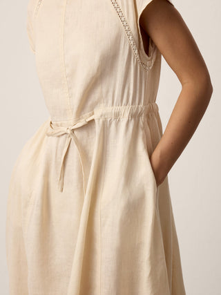100% Linen Lace-Inset Bubble-Hem Midi Dress LORITA - Glamourous Grace