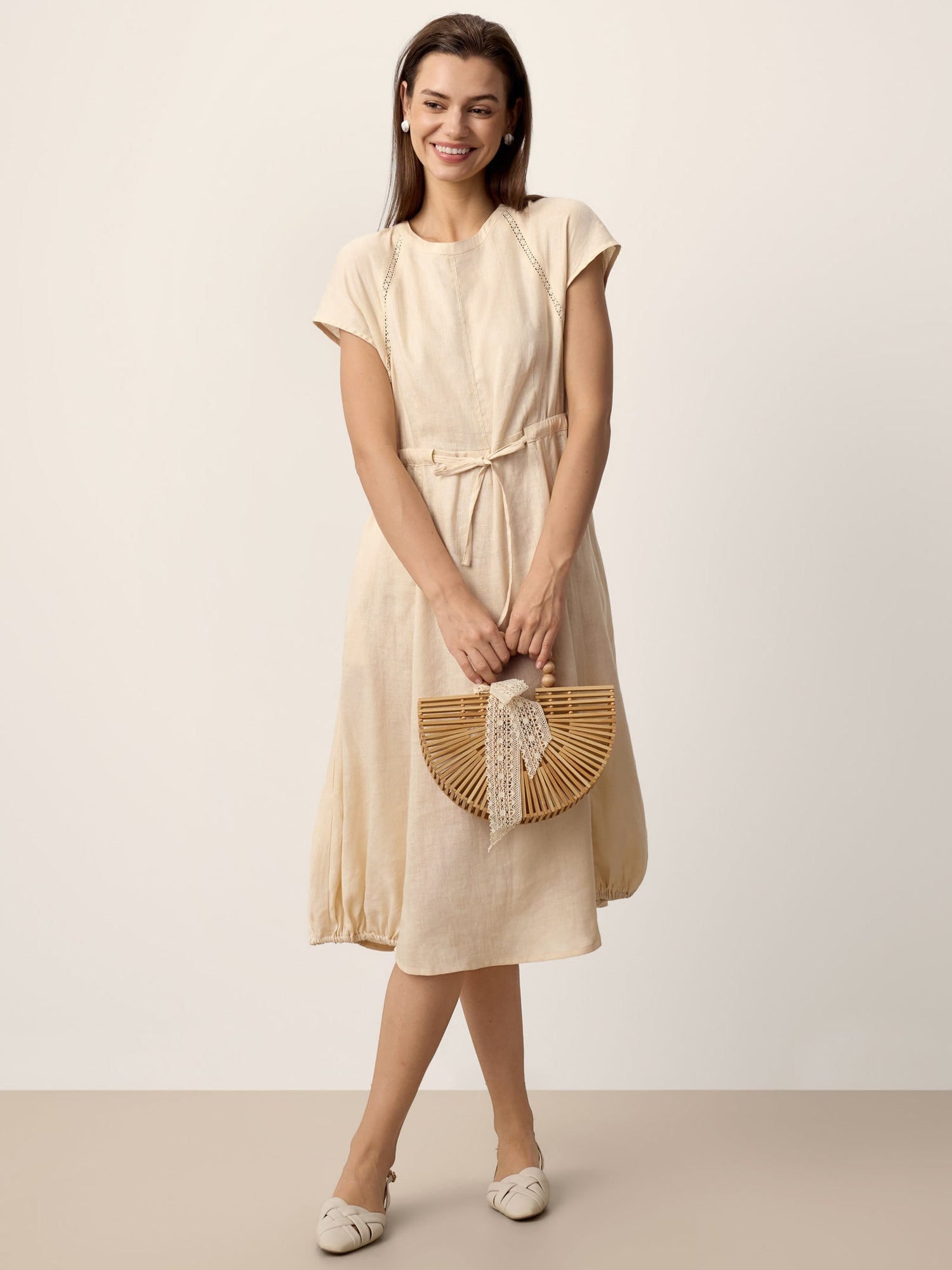 100% Linen Lace-Inset Bubble-Hem Midi Dress LORITA - Glamourous Grace