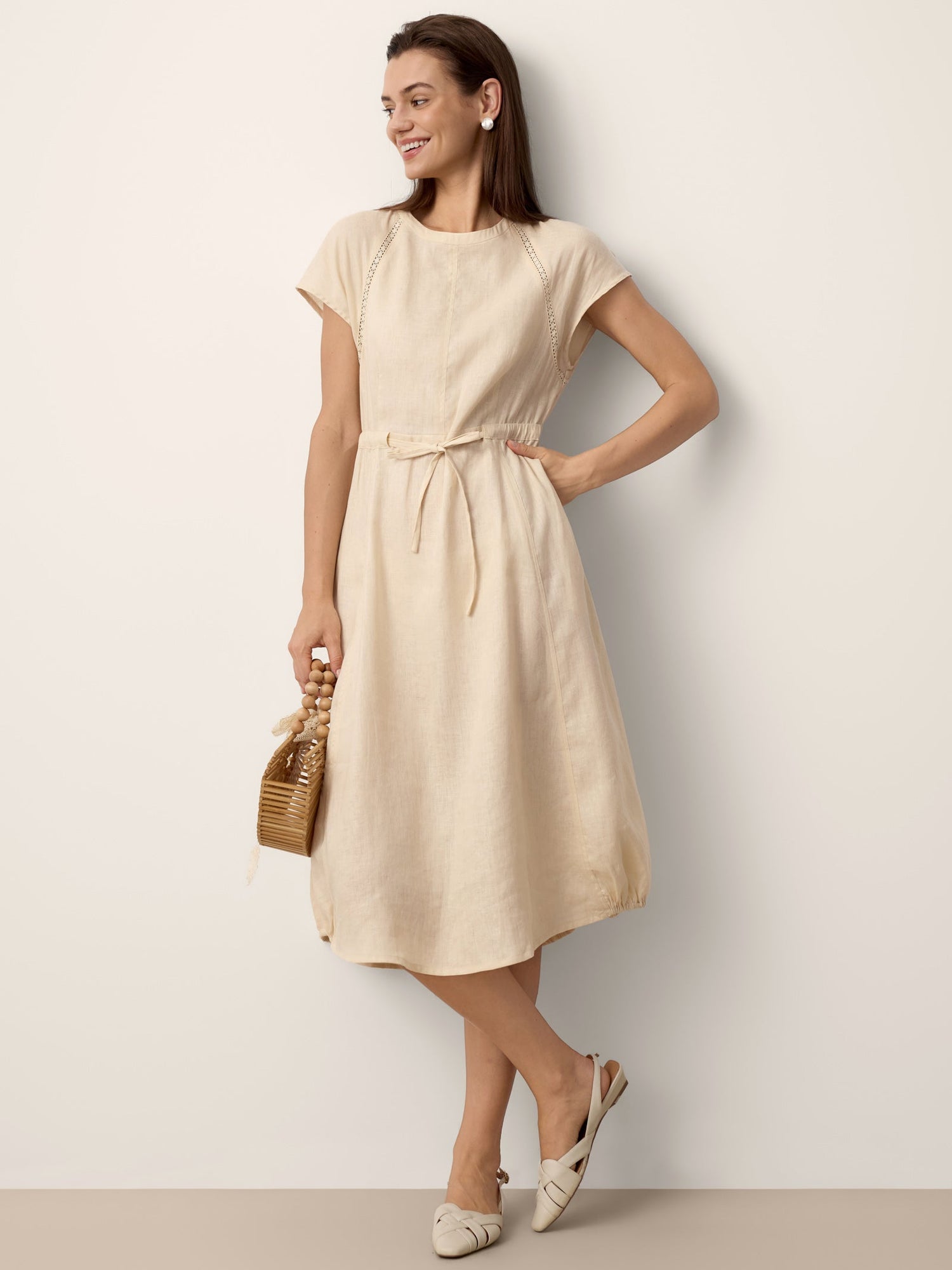 100% Linen Lace-Inset Bubble-Hem Midi Dress LORITA - Glamourous Grace