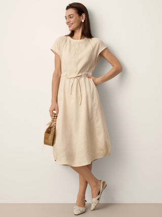 100% Linen Lace-Inset Bubble-Hem Midi Dress LORITA - Glamourous Grace