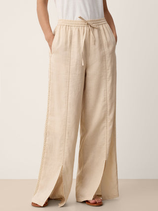100% Linen Lace-Panel Split-Hem Pants BRONTE - Glamourous Grace