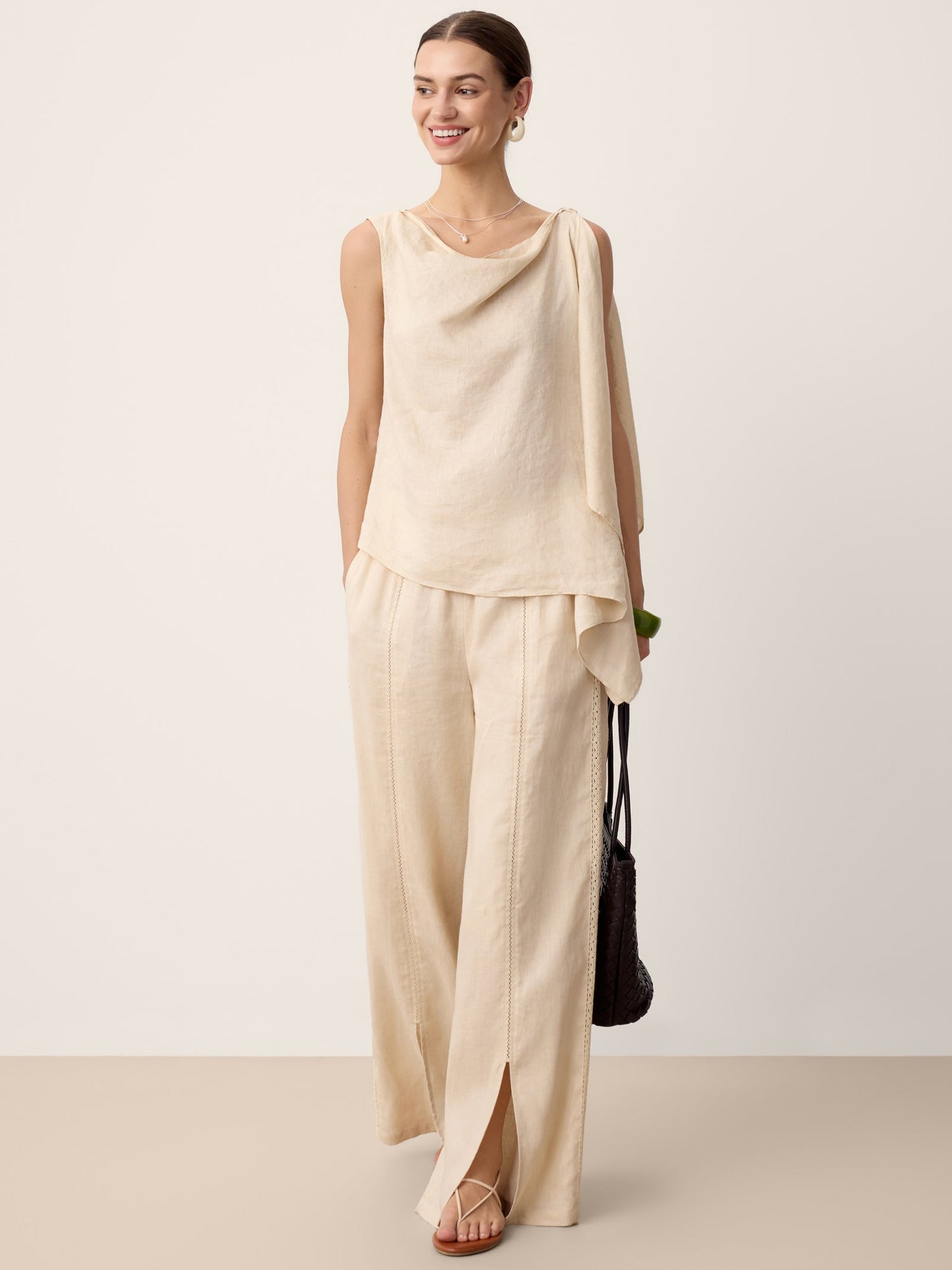 100% Linen Lace-Panel Split-Hem Pants BRONTE - Glamourous Grace