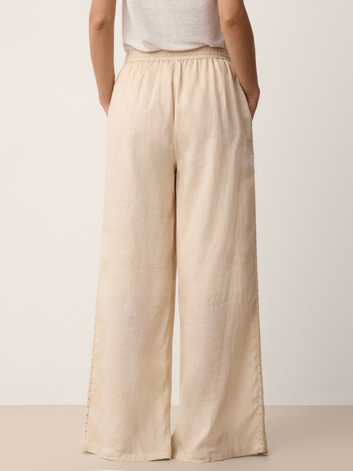 100% Linen Lace-Panel Split-Hem Pants BRONTE - Glamourous Grace