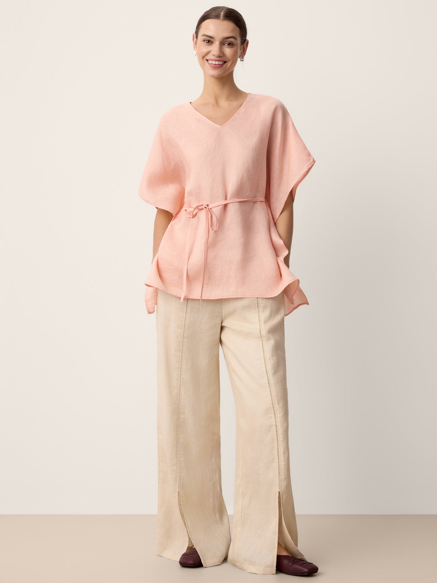 100% Linen Lace-Panel Split-Hem Pants BRONTE - Glamourous Grace