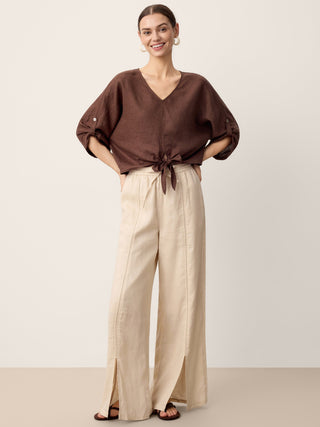 100% Linen Lace-Panel Split-Hem Pants BRONTE - Glamourous Grace