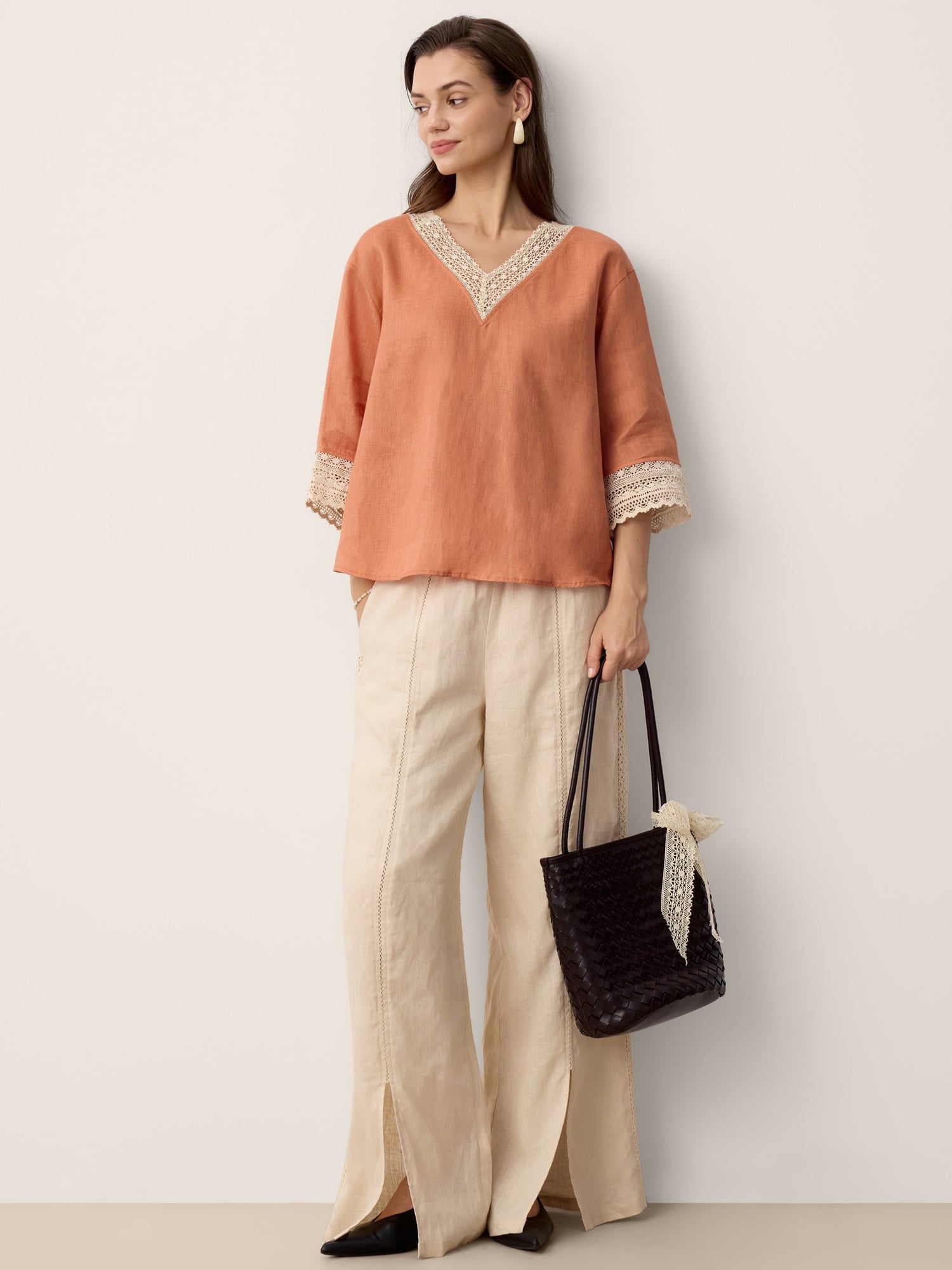 100% Linen Lace-Panel Split-Hem Pants BRONTE - Glamourous Grace