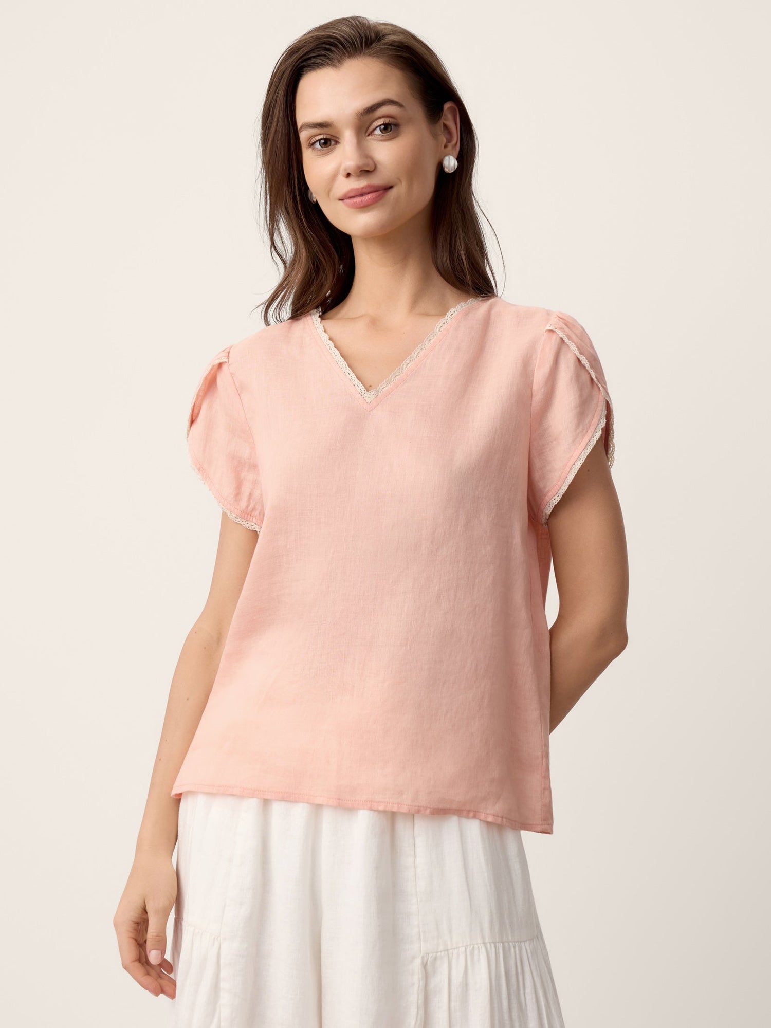 100% Linen Lace-Trim Puff-Sleeve Top NIA - Glamourous Grace