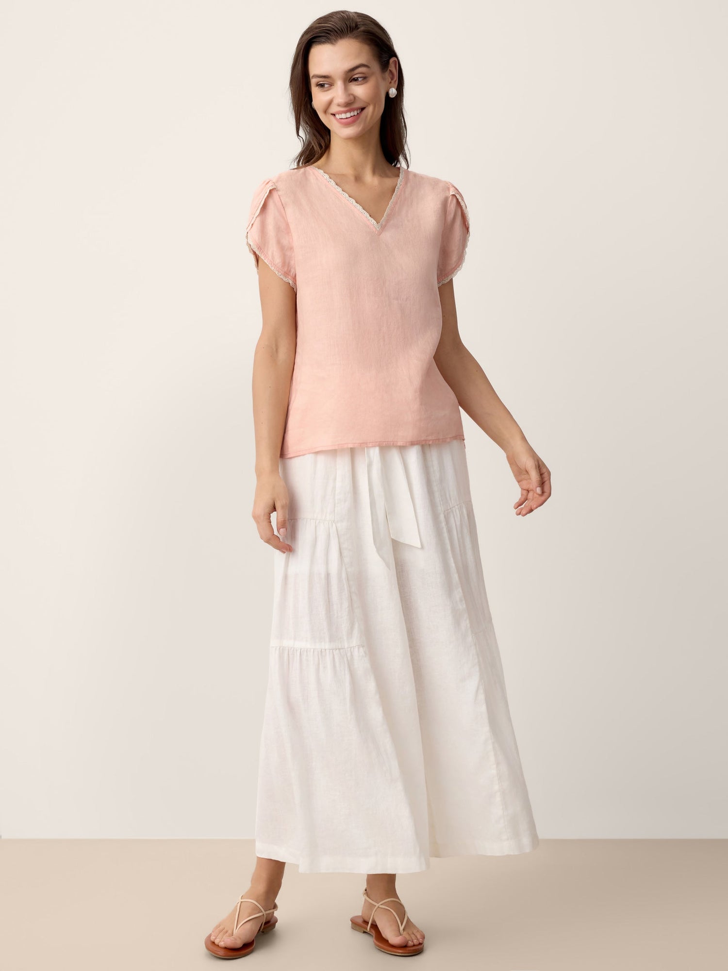 100% Linen Lace-Trim Puff-Sleeve Top NIA - Glamourous Grace