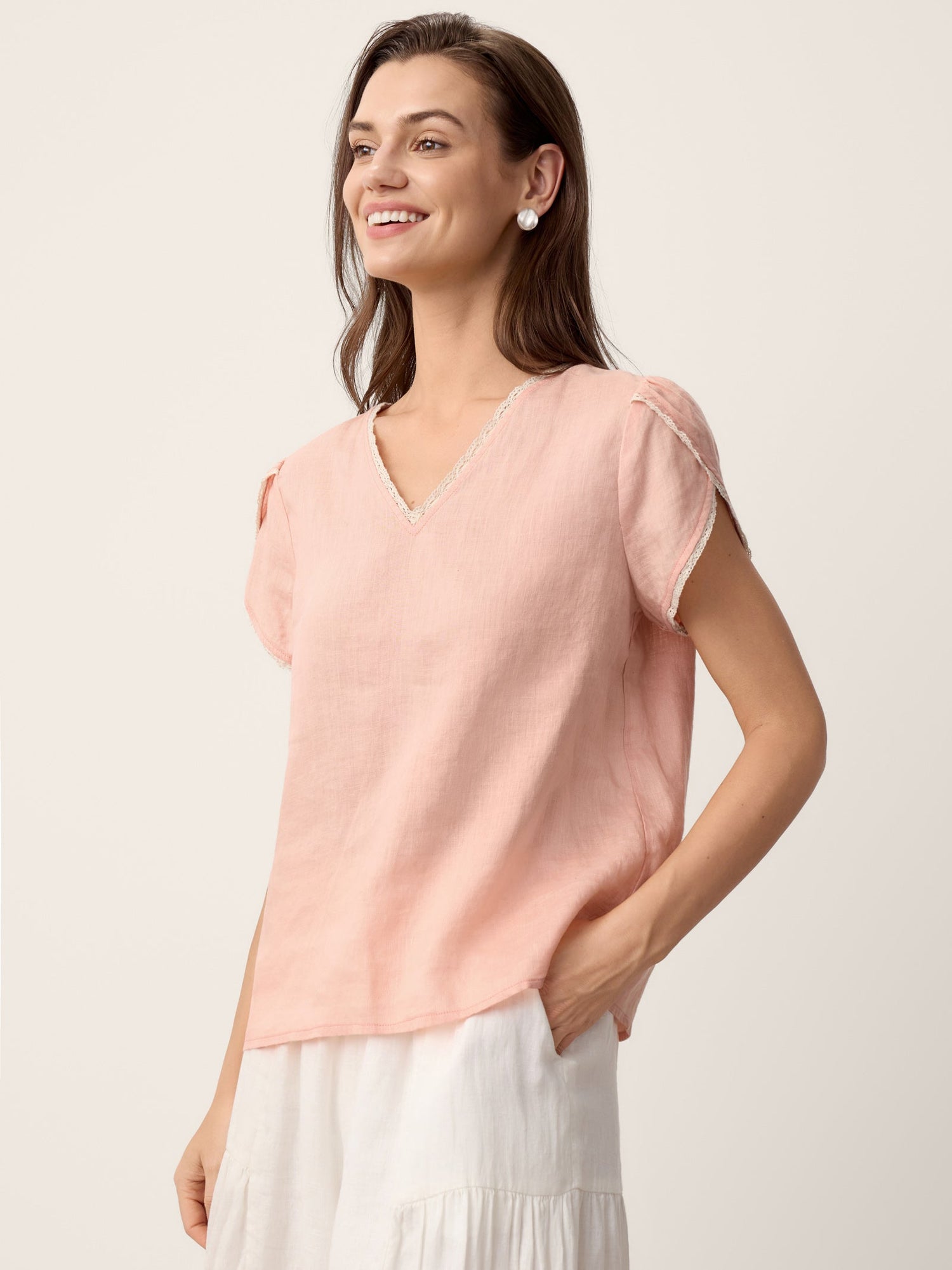 100% Linen Lace-Trim Puff-Sleeve Top NIA - Glamourous Grace