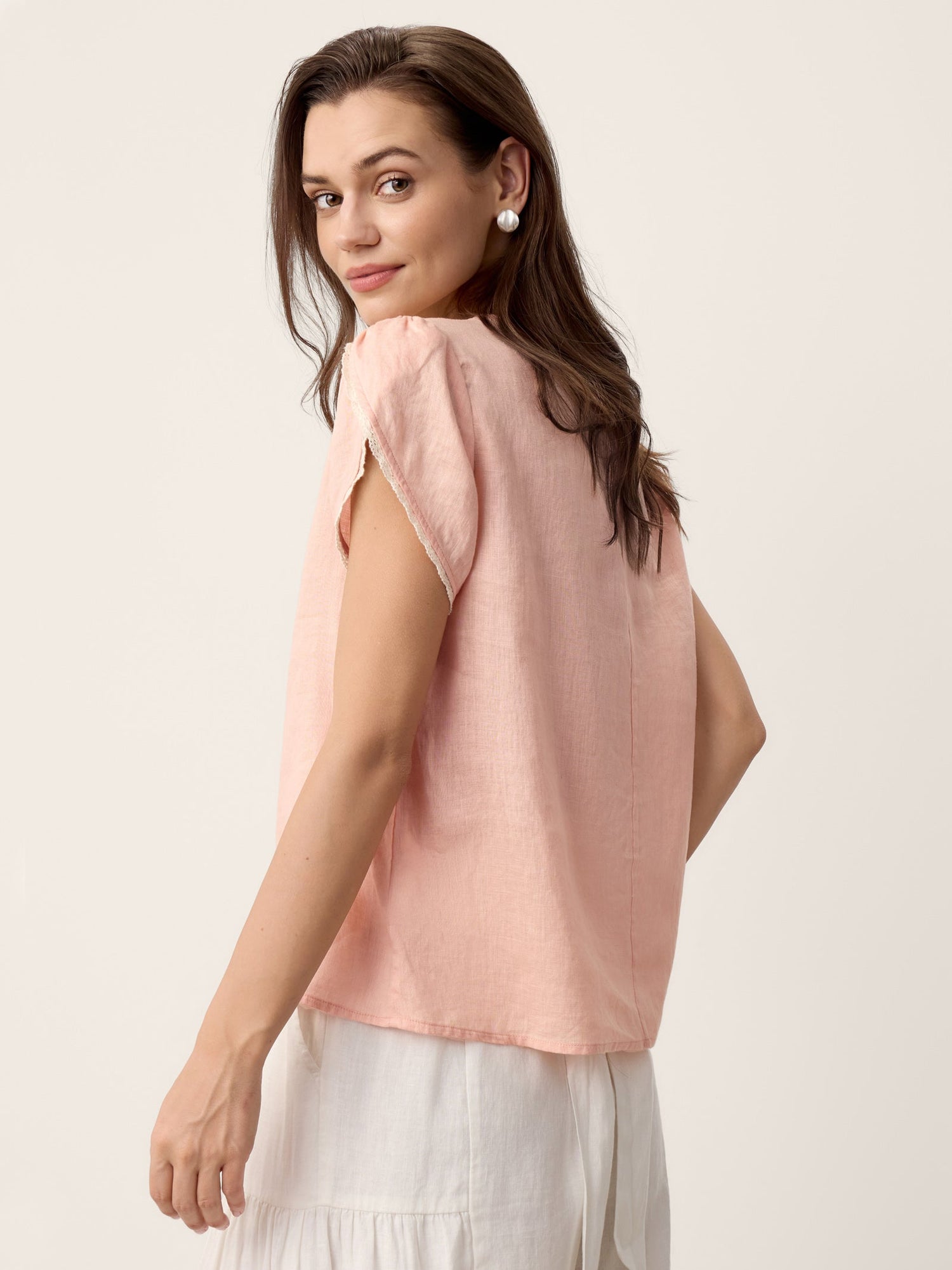 100% Linen Lace-Trim Puff-Sleeve Top NIA - Glamourous Grace