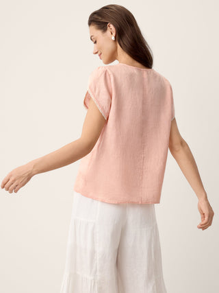 100% Linen Lace-Trim Puff-Sleeve Top NIA - Glamourous Grace