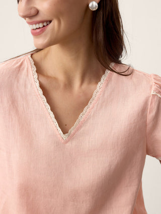 100% Linen Lace-Trim Puff-Sleeve Top NIA - Glamourous Grace