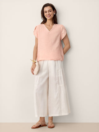100% Linen Lace-Trim Puff-Sleeve Top NIA - Glamourous Grace