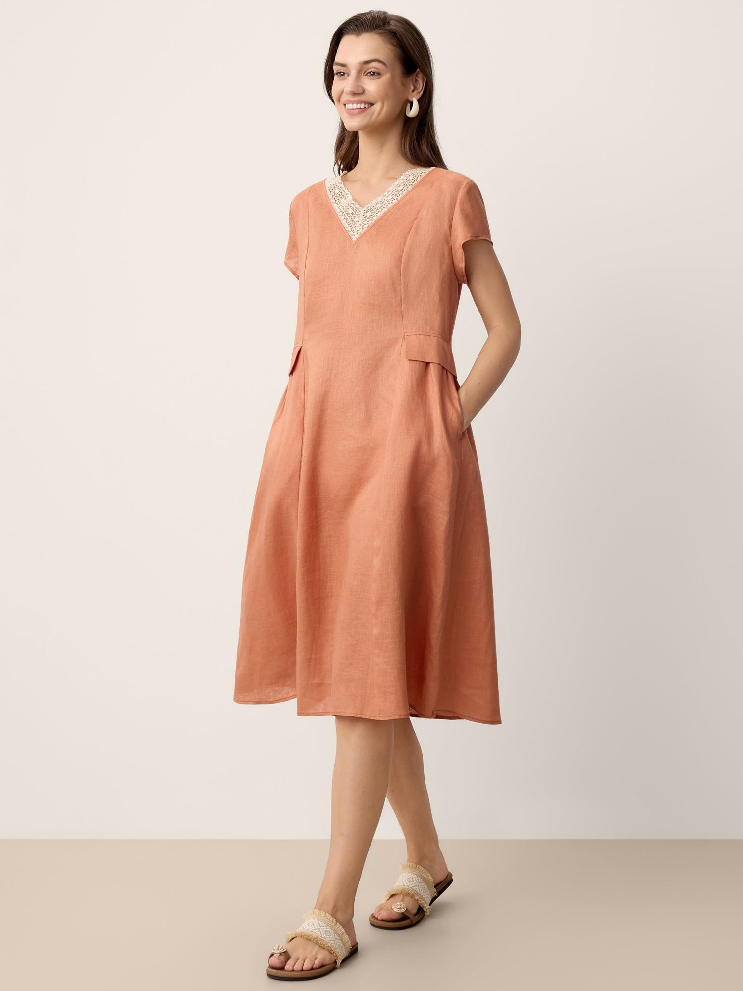 100% Linen Lace-Trim V-Neck Tailored-Waist Midi Dress ELENI - Glamourous Grace