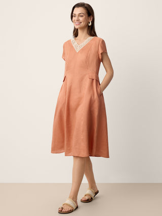 100% Linen Lace-Trim V-Neck Tailored-Waist Midi Dress ELENI - Glamourous Grace