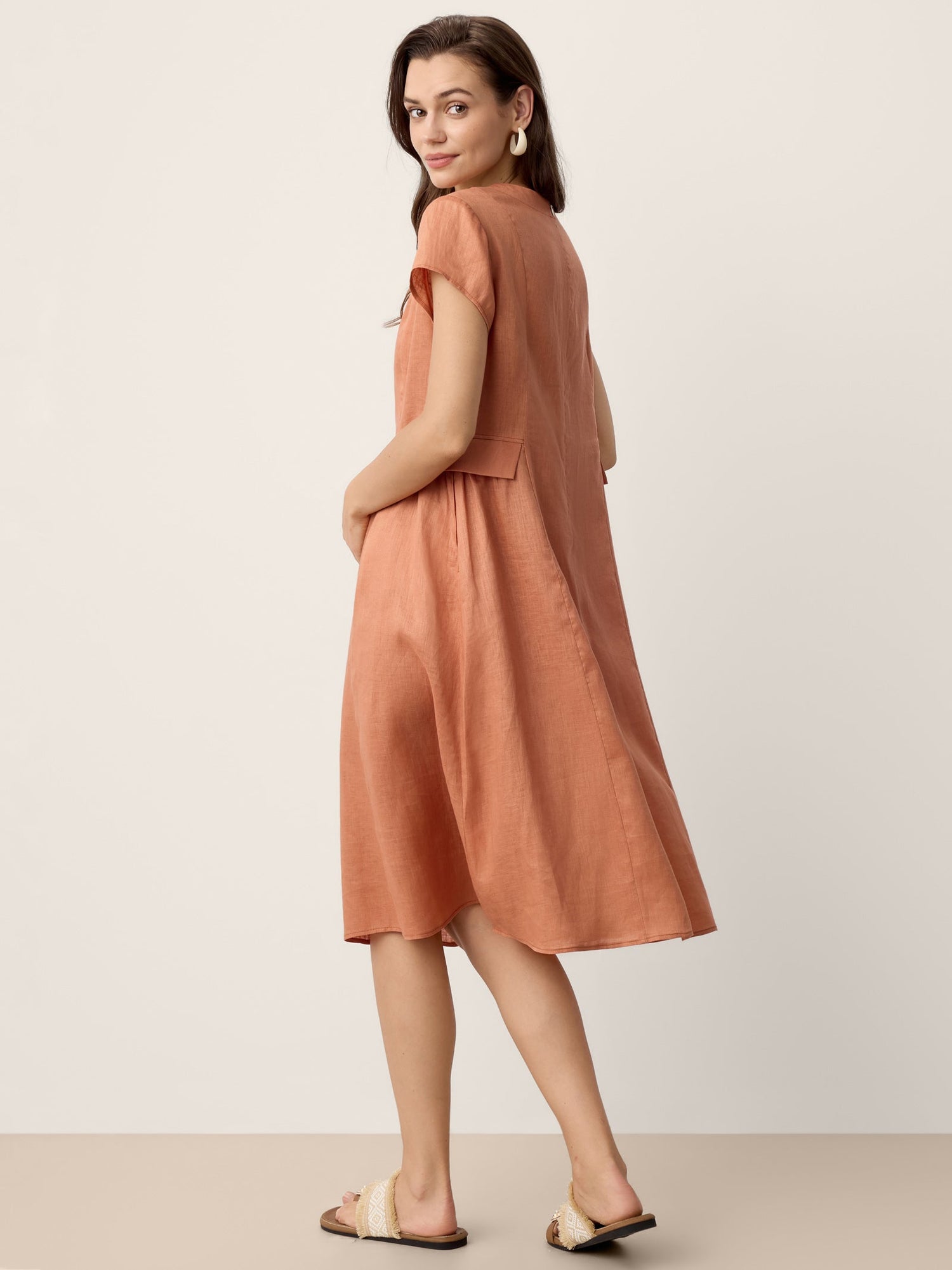 100% Linen Lace-Trim V-Neck Tailored-Waist Midi Dress ELENI - Glamourous Grace