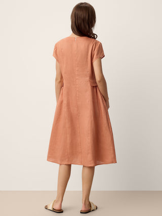 100% Linen Lace-Trim V-Neck Tailored-Waist Midi Dress ELENI - Glamourous Grace