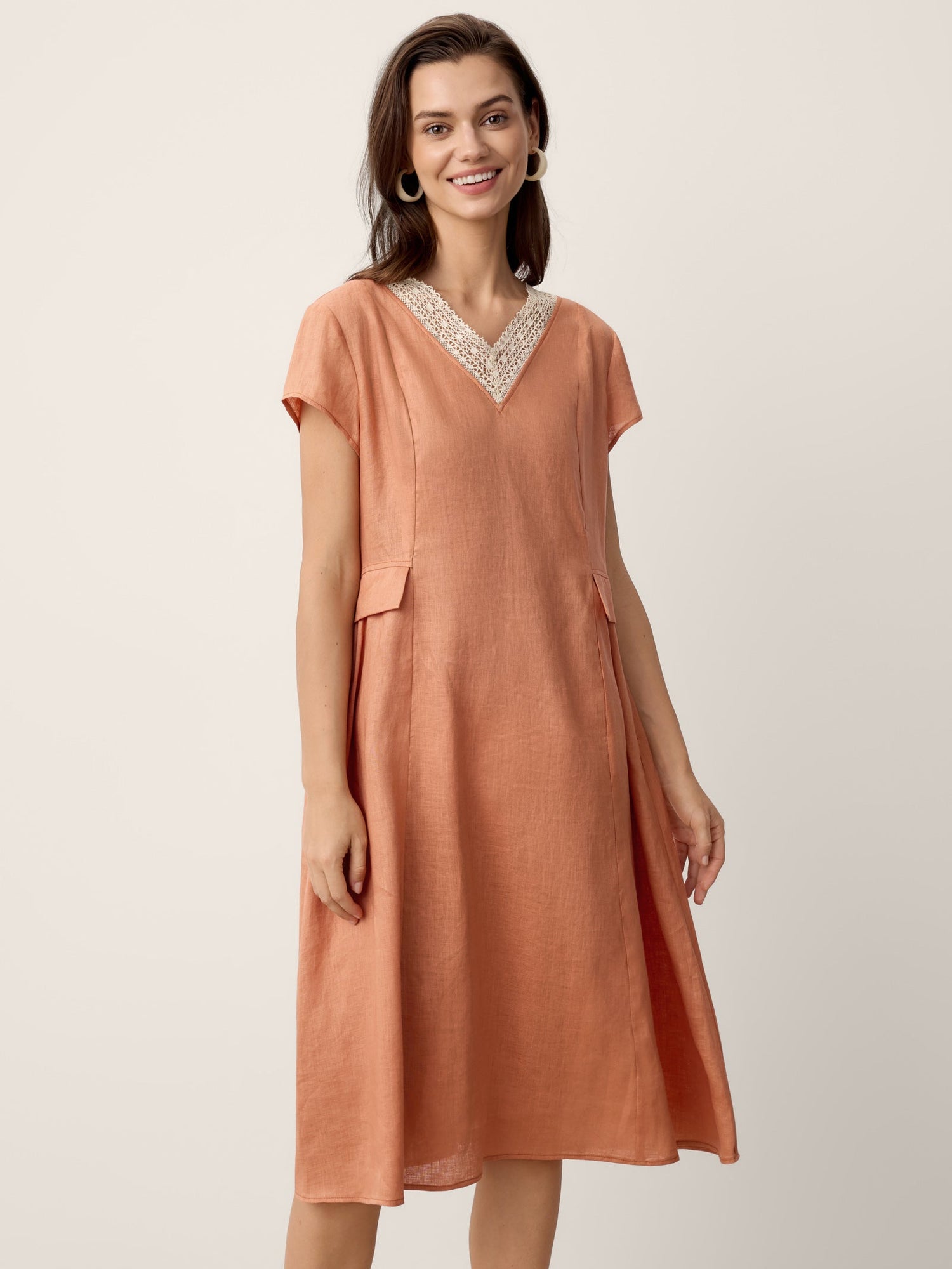 100% Linen Lace-Trim V-Neck Tailored-Waist Midi Dress ELENI - Glamourous Grace