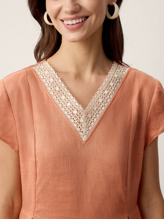 100% Linen Lace-Trim V-Neck Tailored-Waist Midi Dress ELENI - Glamourous Grace
