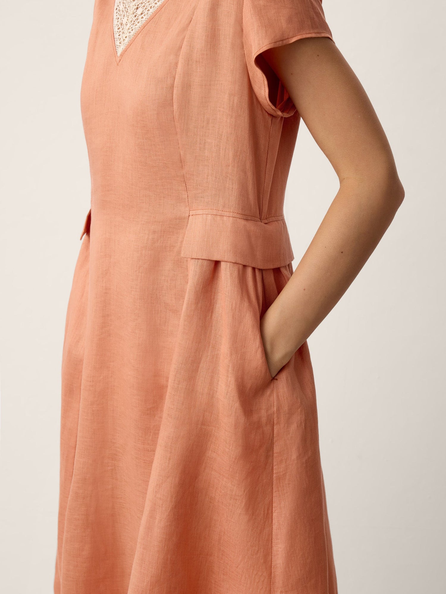 100% Linen Lace-Trim V-Neck Tailored-Waist Midi Dress ELENI - Glamourous Grace