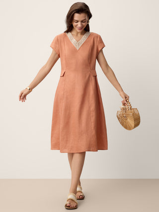 100% Linen Lace-Trim V-Neck Tailored-Waist Midi Dress ELENI - Glamourous Grace