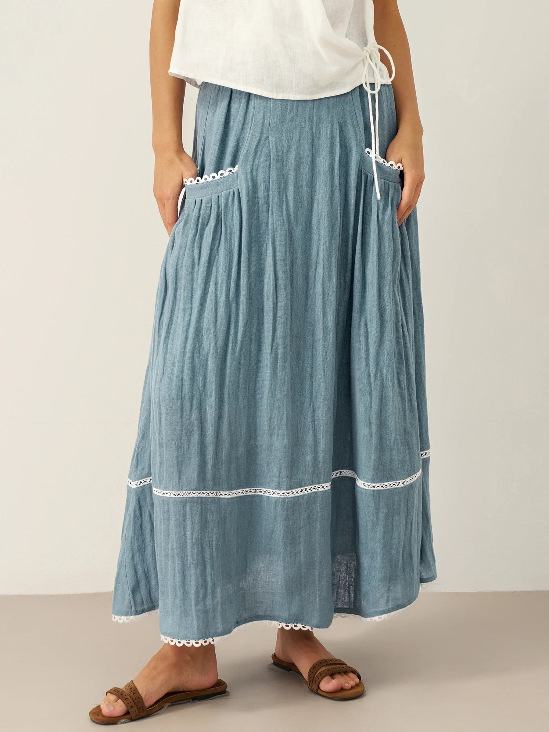 100% Linen Lace-Up Pocket Skirt FENLA - Glamourous Grace