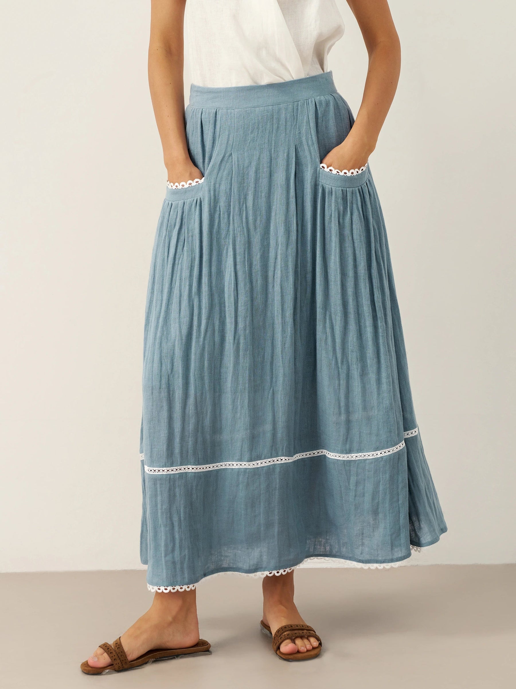 100% Linen Lace-Up Pocket Skirt FENLA - Glamourous Grace