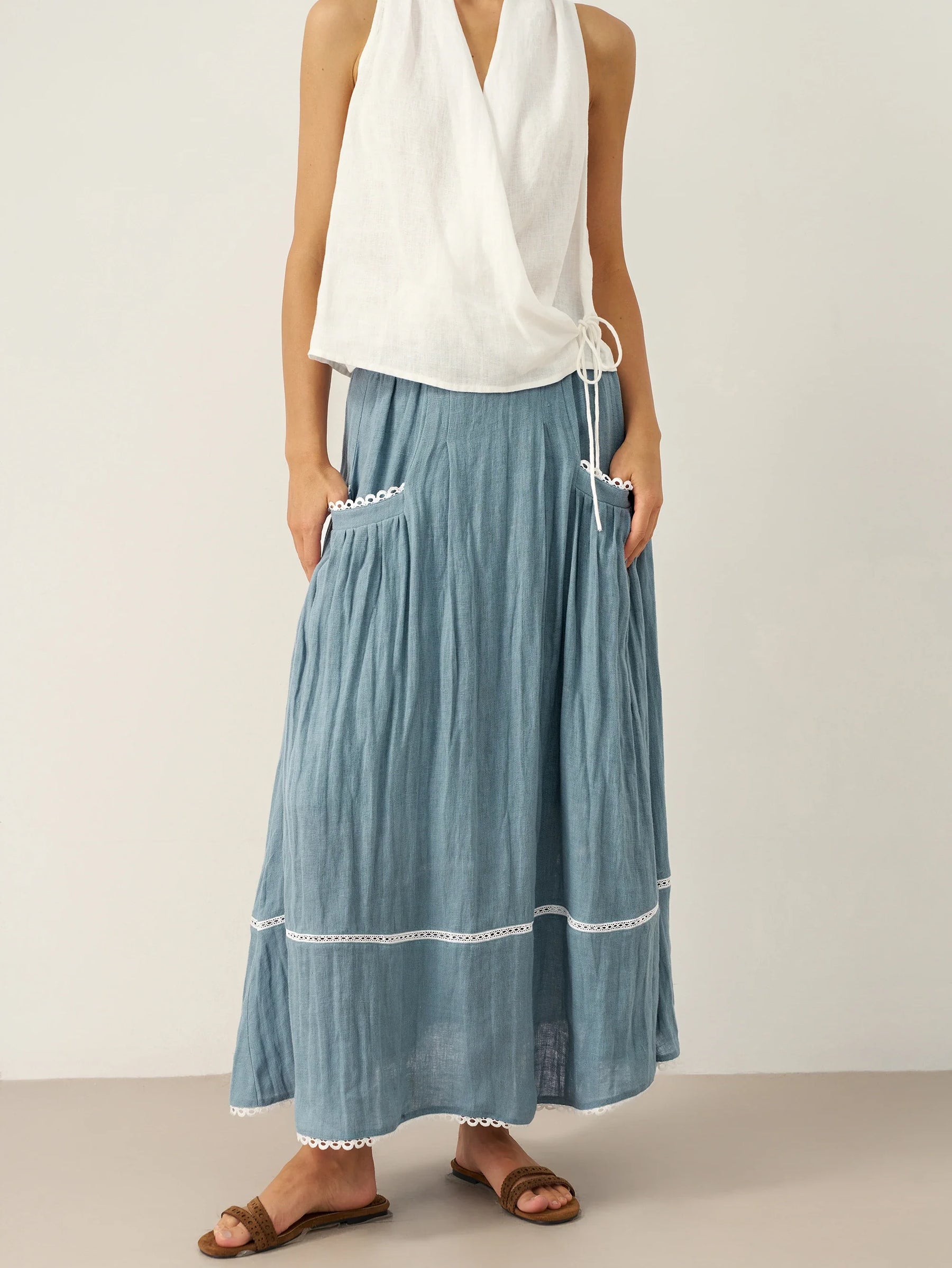 100% Linen Lace-Up Pocket Skirt FENLA - Glamourous Grace