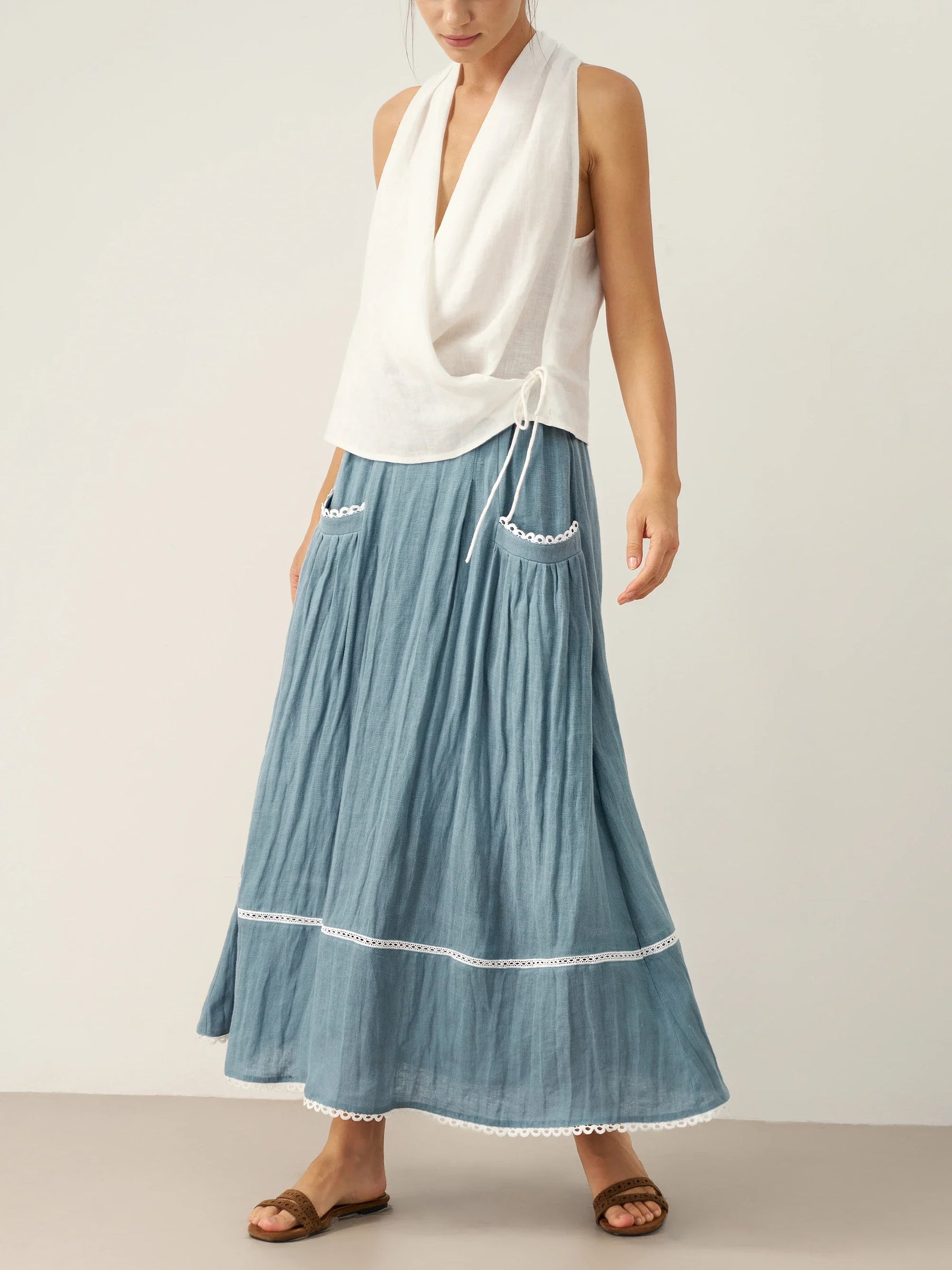 100% Linen Lace-Up Pocket Skirt FENLA - Glamourous Grace