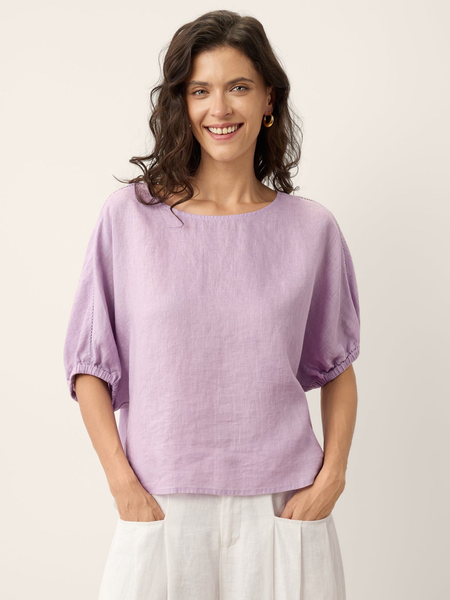 100% Linen Lace Inset Sculpted Cuff Top QUILLA - Glamourous Grace