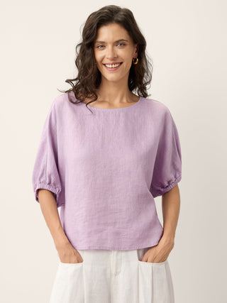 100% Linen Lace Inset Sculpted Cuff Top QUILLA - Glamourous Grace