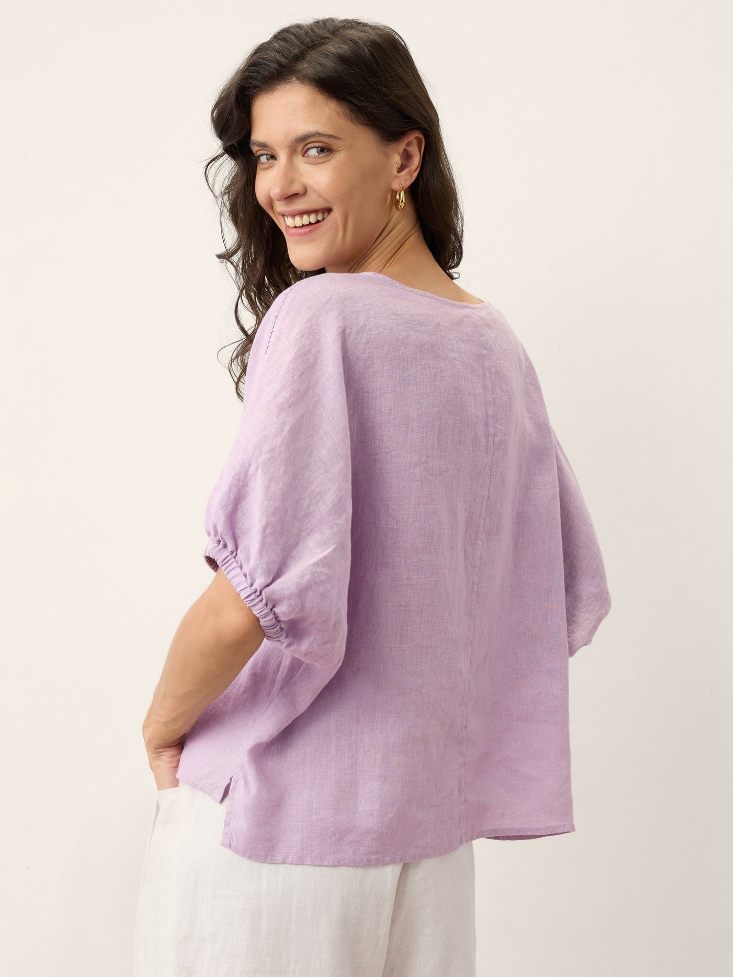 100% Linen Lace Inset Sculpted Cuff Top QUILLA - Glamourous Grace
