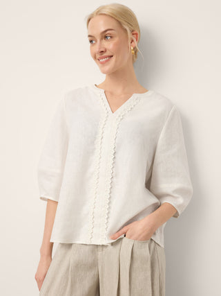 100% Linen Lace Trim Lantern Sleeve V-Neck Top LIVIAN - Glamourous Grace